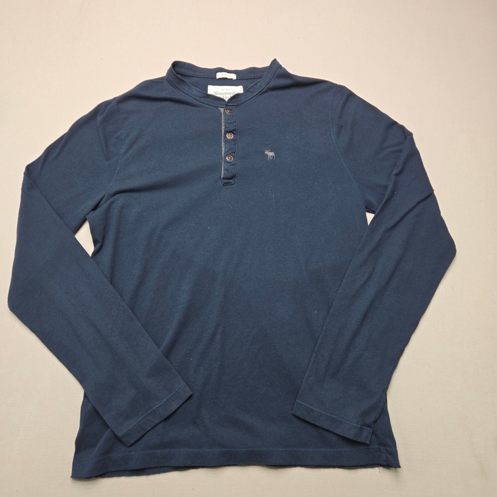 Abercrombie & Fitch Henley Muscle Long Sleeve Moose Logo Navy Blue Mens Size L